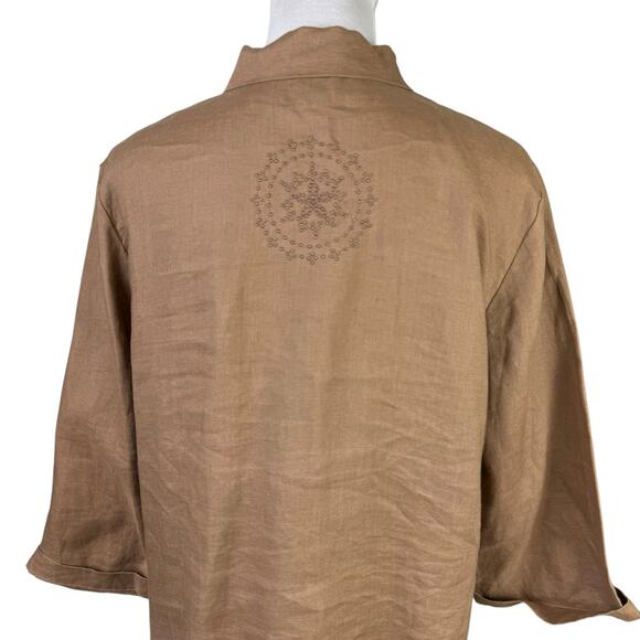 EColOGie Brown 100% Linen Embroidered Medallion Pattern Button Up 3/4 Sleeve Top - Picture 7 of 11